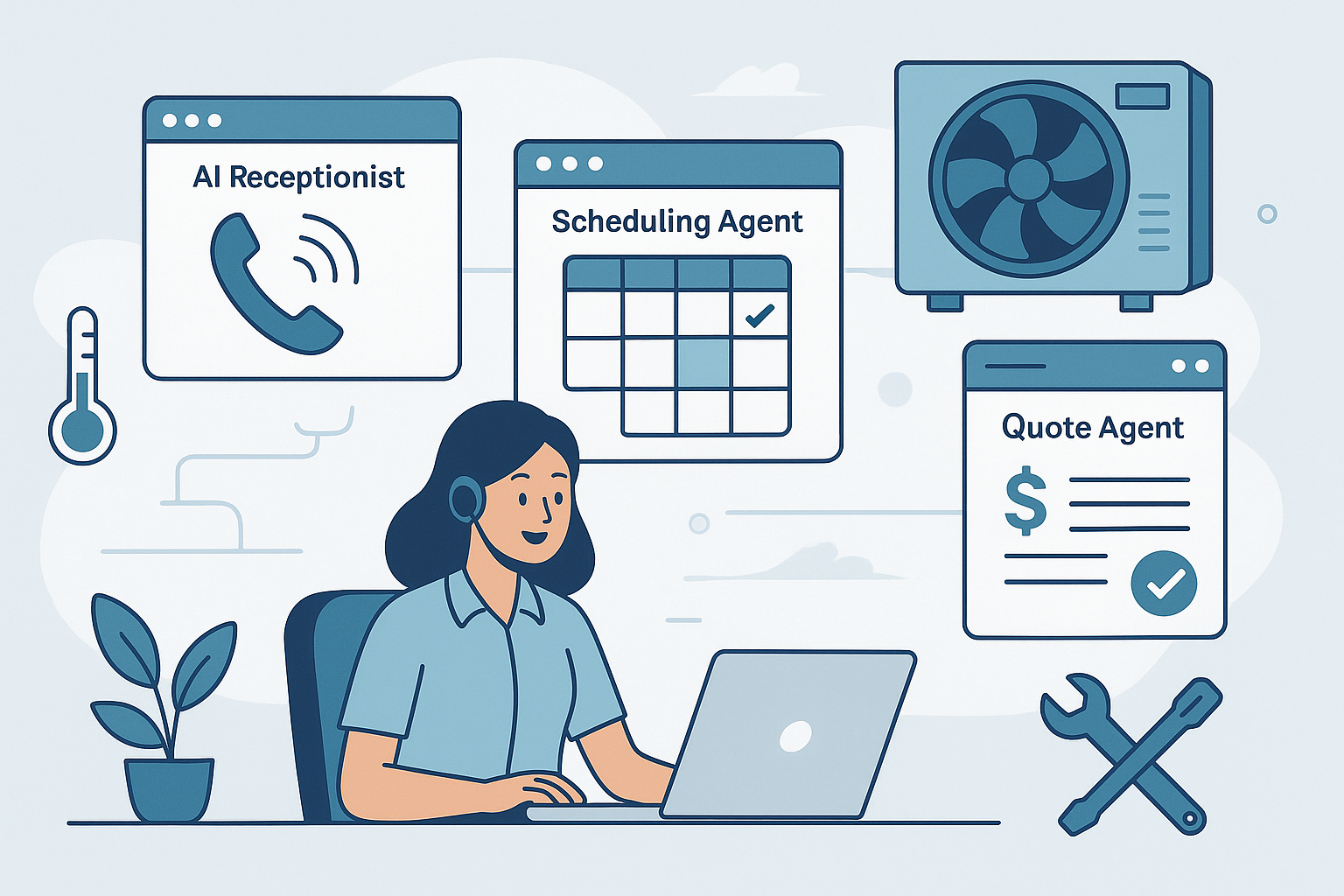 AI tools helping an HVAC team answer calls, schedule jobs, and send quotes