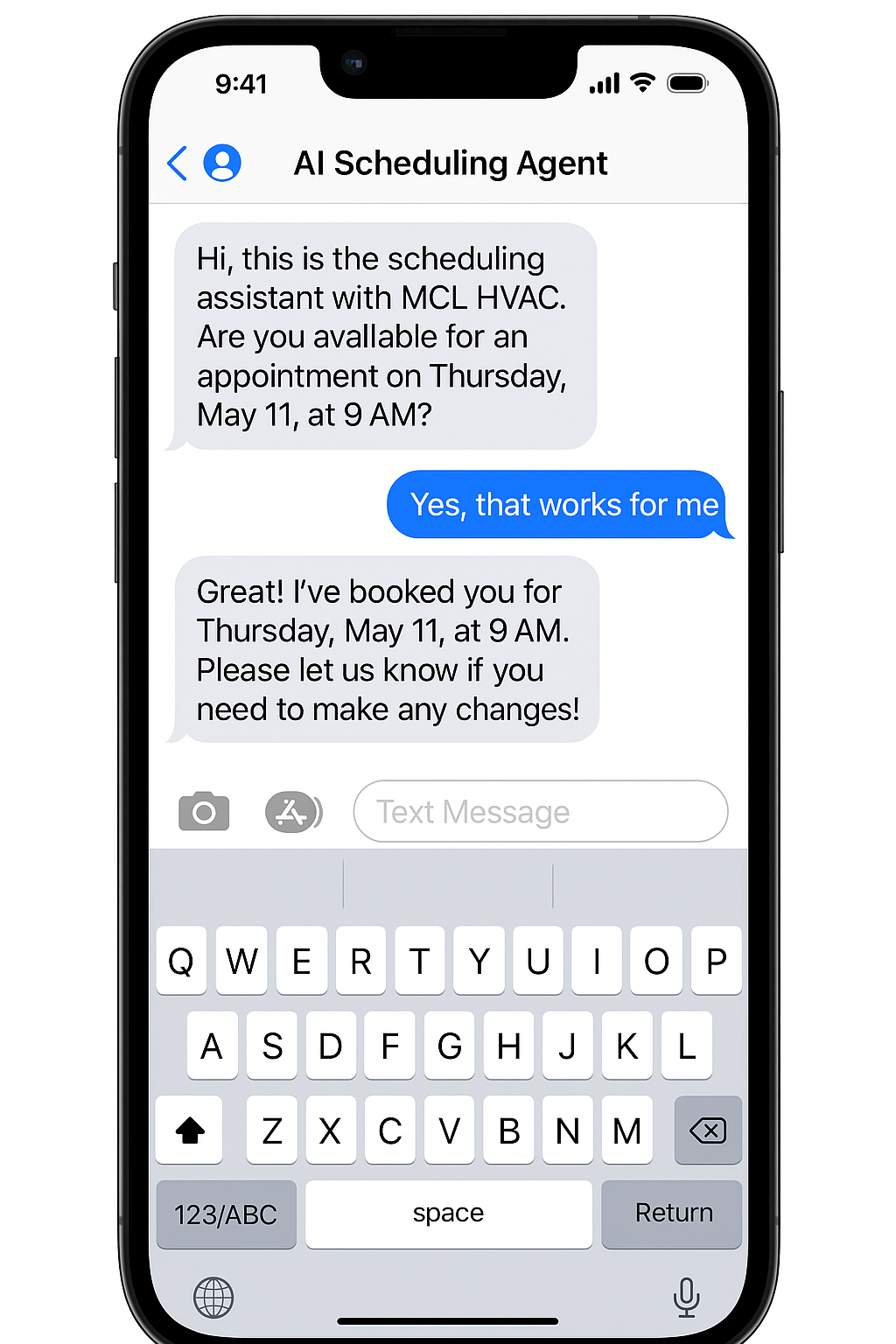 AI Scheduling Agent text conversation confirming appointment