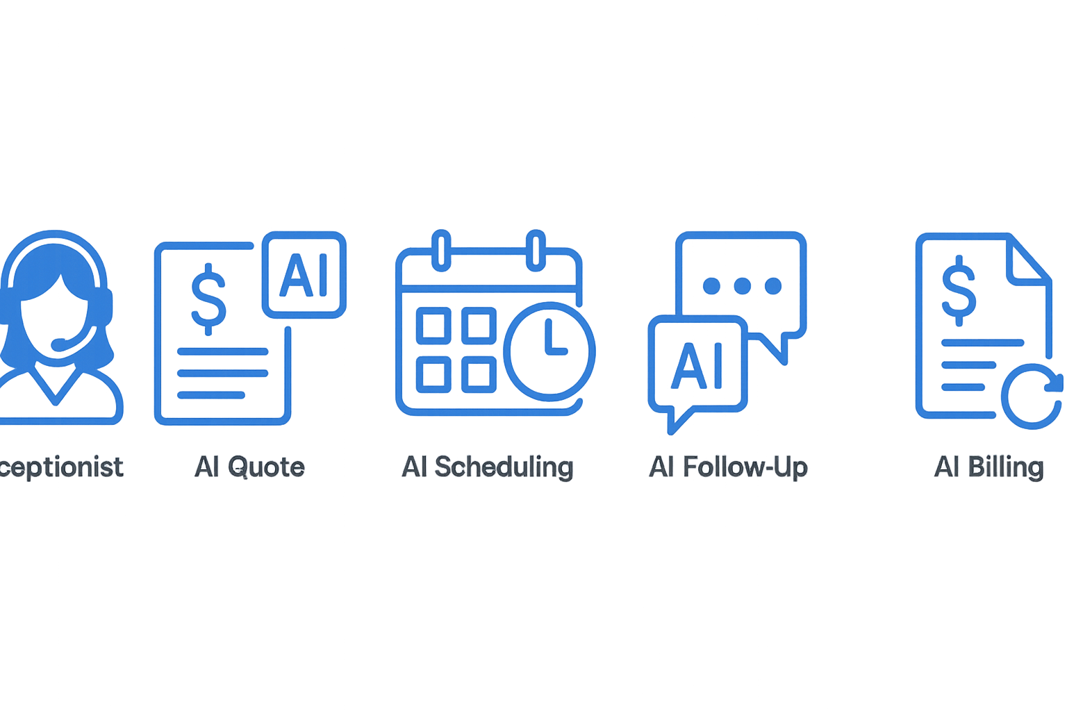 Icon set for AI Receptionist, Quote, Scheduling, Follow-Up, and Billing