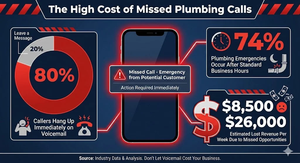 The High Cost of Missed Plumbing Calls - Visualizing 80% hang-up rate, 74% after-hours emergencies, and $8,500-26,000 lost revenue per week
