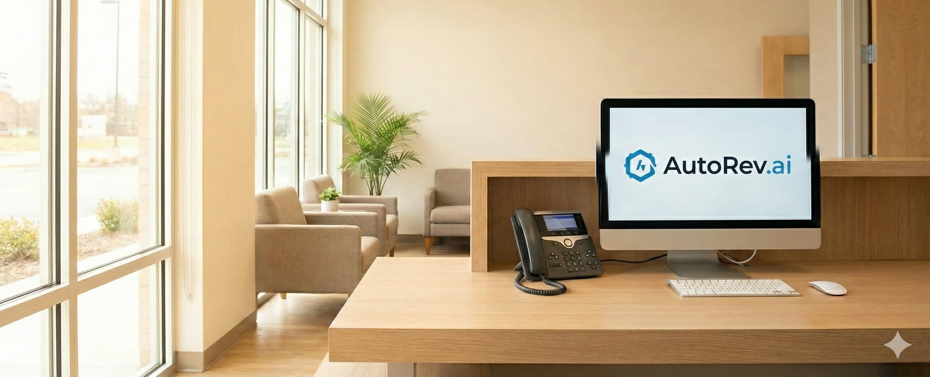 Modern small business reception desk with AI phone system