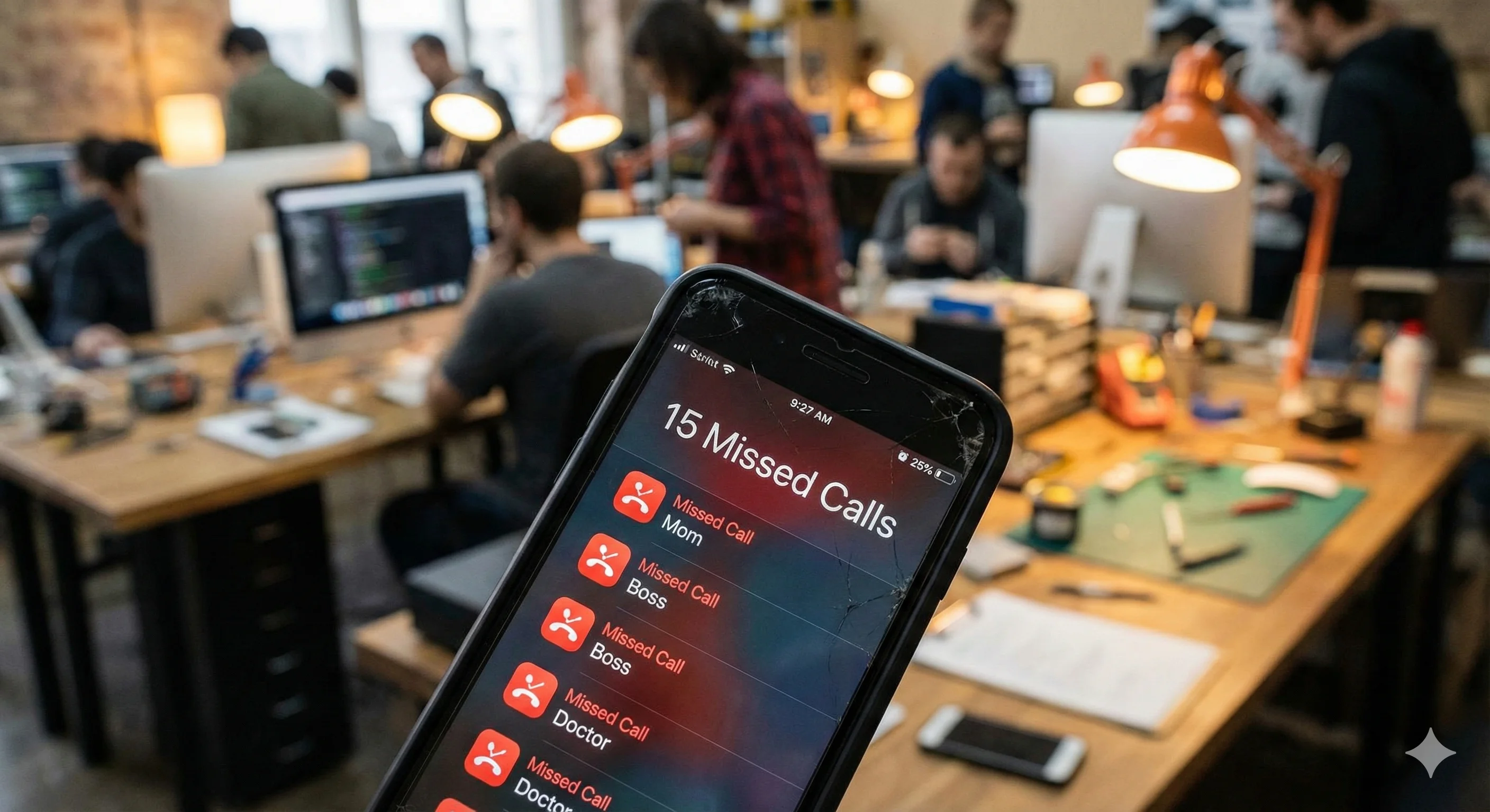 Smartphone showing 15 missed business calls in busy office