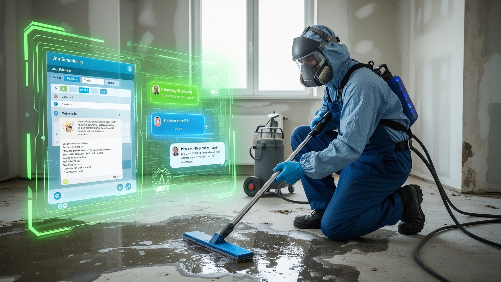 Restoration technician using AI-powered job scheduling and insurance documentation interface