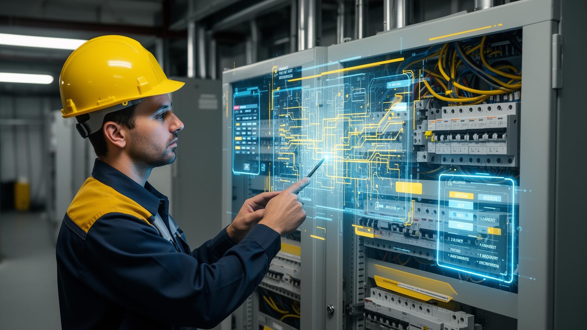 Electrician using AI-powered diagnostic interface on electrical panel