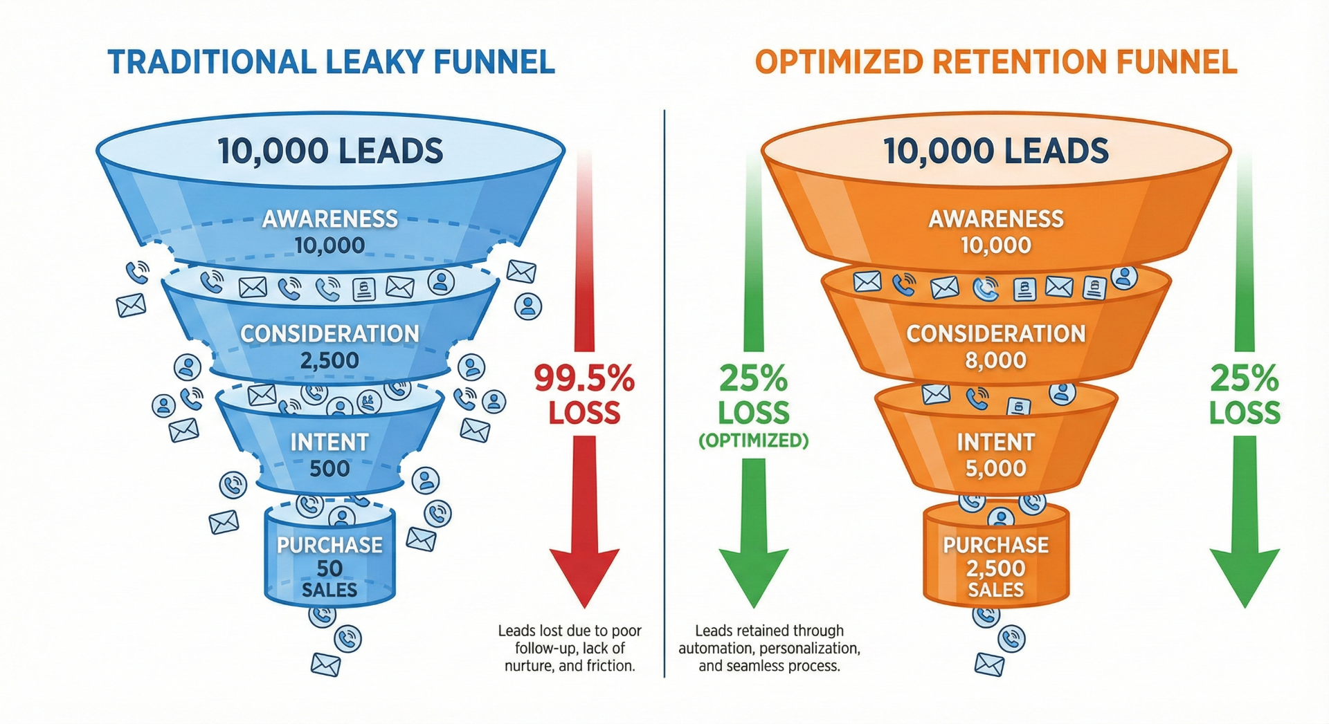 Leaky funnel vs optimized retention funnel comparison