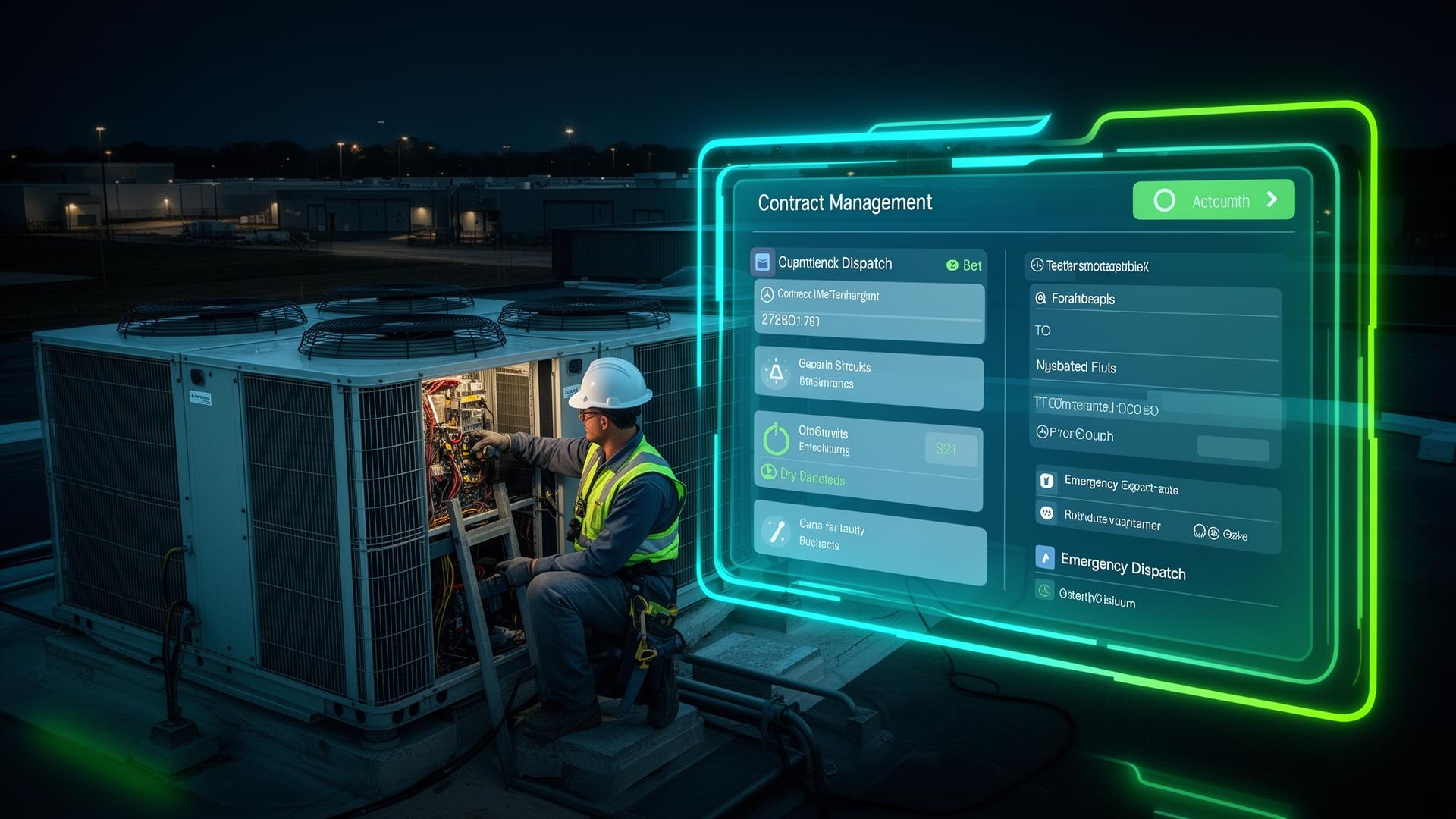 Industrial HVAC technician with AI-powered contract and emergency dispatch interface