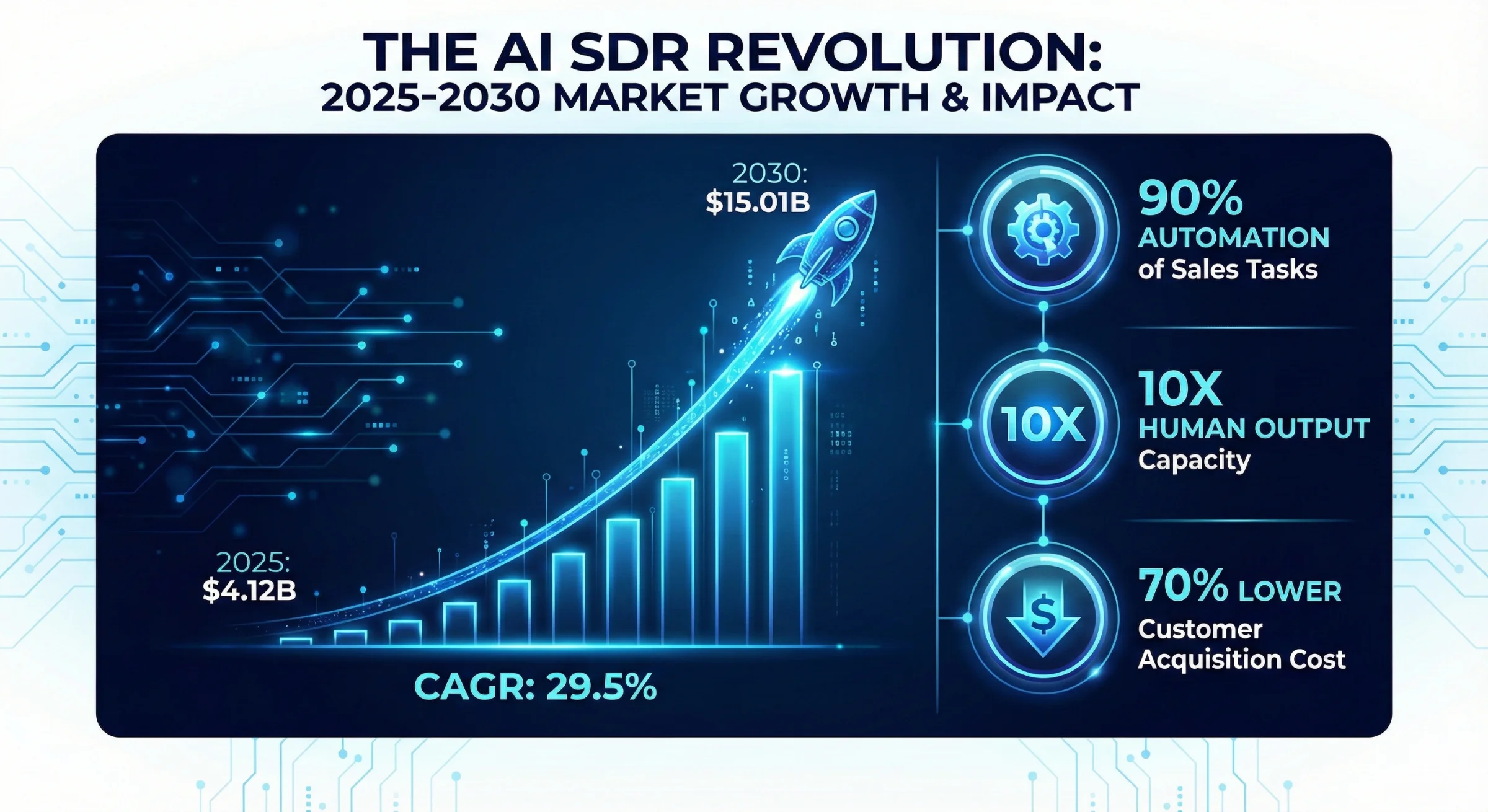 The AI SDR Revolution: 2025-2030 Market Growth & Impact - Market size growth from $4.12B in 2025 to $15.01B by 2030 with 29.5% CAGR. Impact: 90% automation of sales tasks, 10x human output capacity, 70% lower customer acquisition cost
