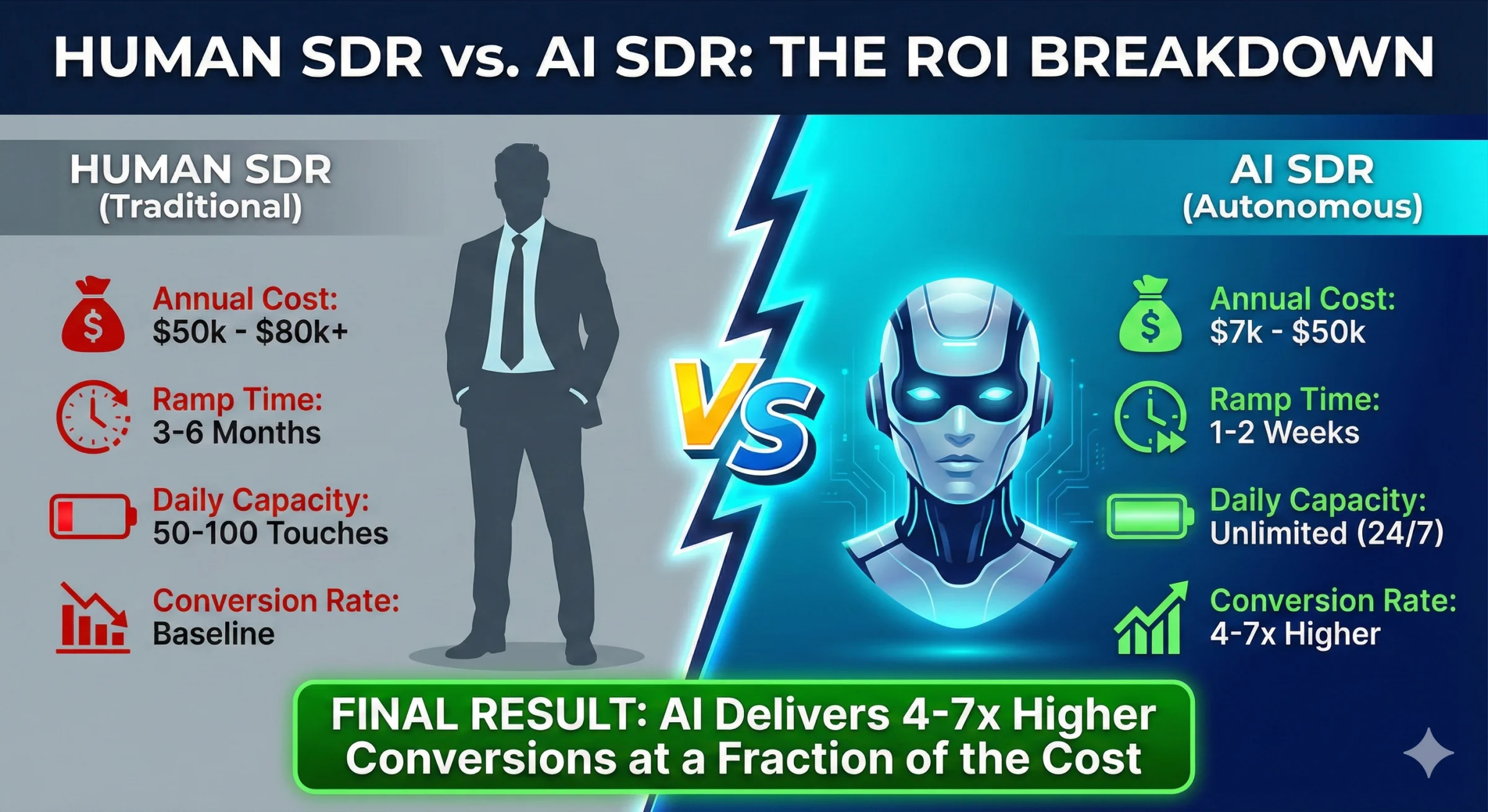 Human SDR vs AI SDR: The ROI Breakdown - Human SDR: $50k-$80k+ annual cost, 3-6 months ramp time, 50-100 touches/day, baseline conversion rate. AI SDR: $7k-$50k annual cost, 1-2 weeks ramp time, unlimited 24/7 capacity, 4-7x higher conversion rate. Final result: AI delivers 4-7x higher conversions at a fraction of the cost.